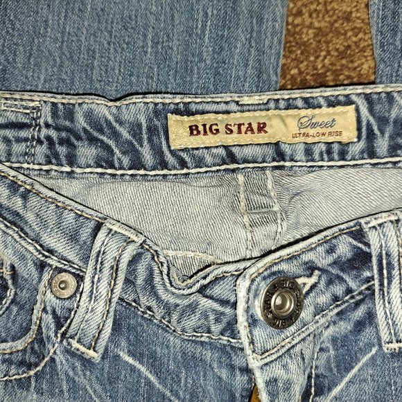 💥 Big Star Sweet Ultra-Low Rise Embroidered Flap Pocket Jeans 28R - Picture 9 of 16